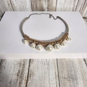 Mixed Metal Gold Silver Tone Faux Pearl Charm Torque Collar Statement Necklace